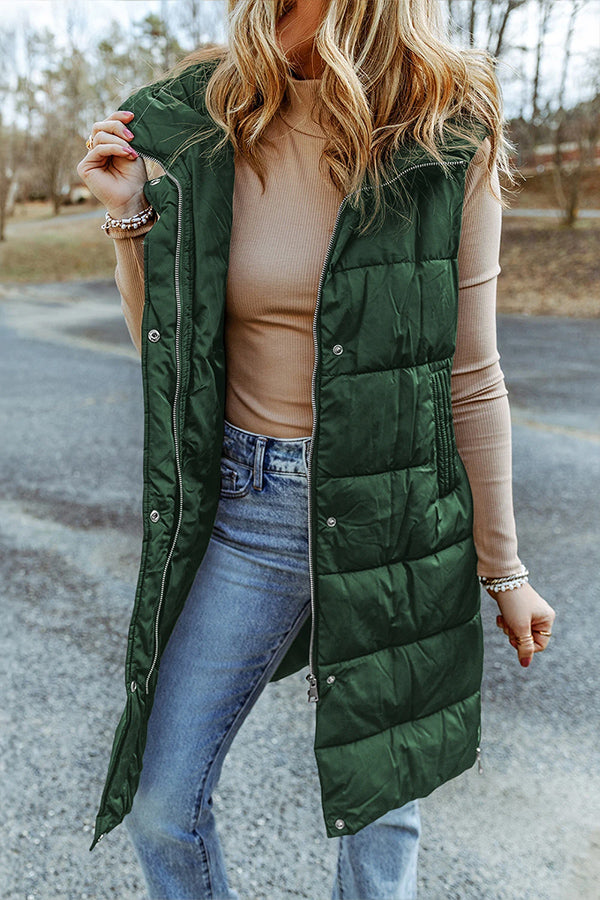Hooded Pocketed Quilted Long Vest Coat Green