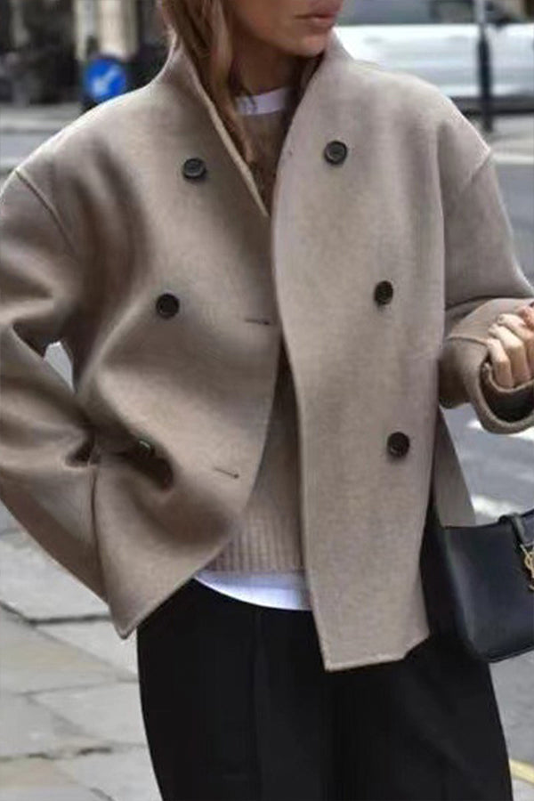 British Style Elegant Solid Buttons Mandarin Collar Outerwear Khaki