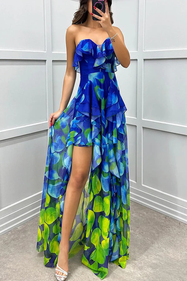 Loving Moment Gradient Unique Print Flowing Layered Ruffles Strapless Slit Maxi Dress Green