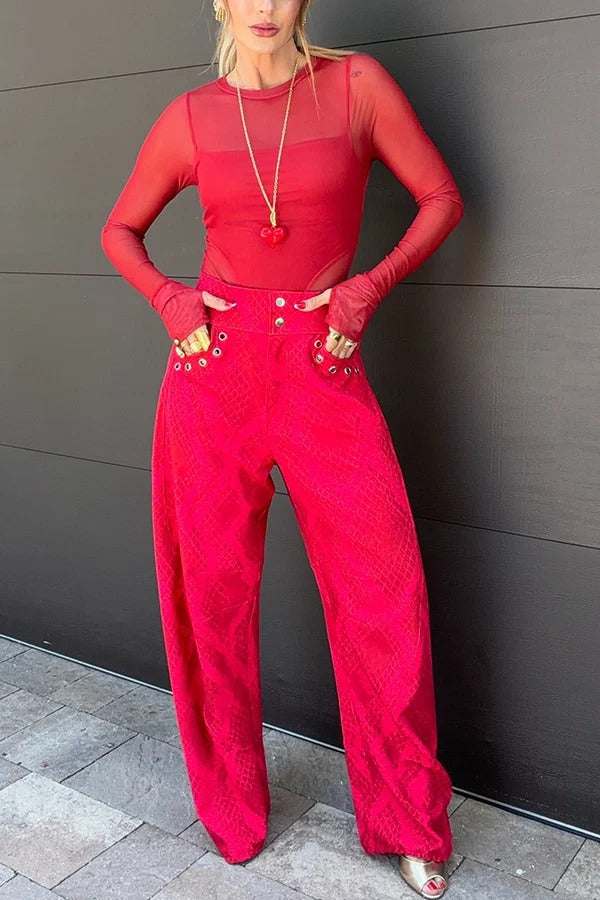 Free Moment Animal Print Metal Ring Design Pocket Wide Leg Pants