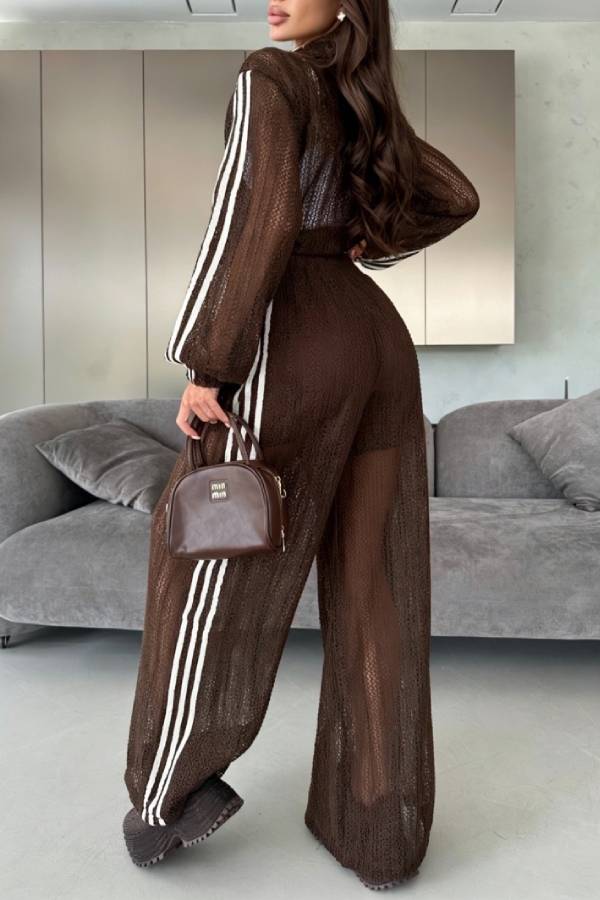 Casual Sporty Hollow Knit Stripe Cropped Jacket & Wide‑Leg Pants Two‑Piece Set