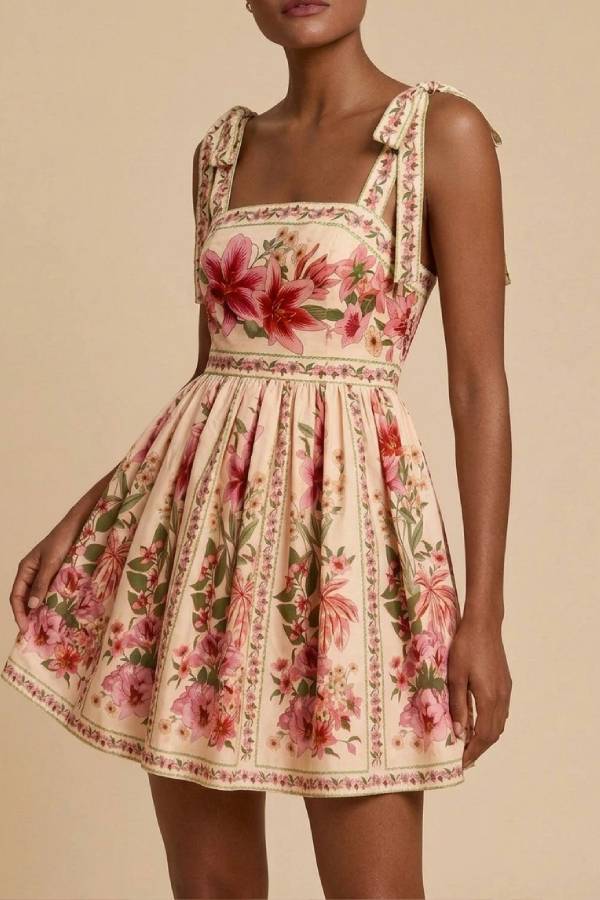 Vintage Floral Tie-Strap Mini Dress