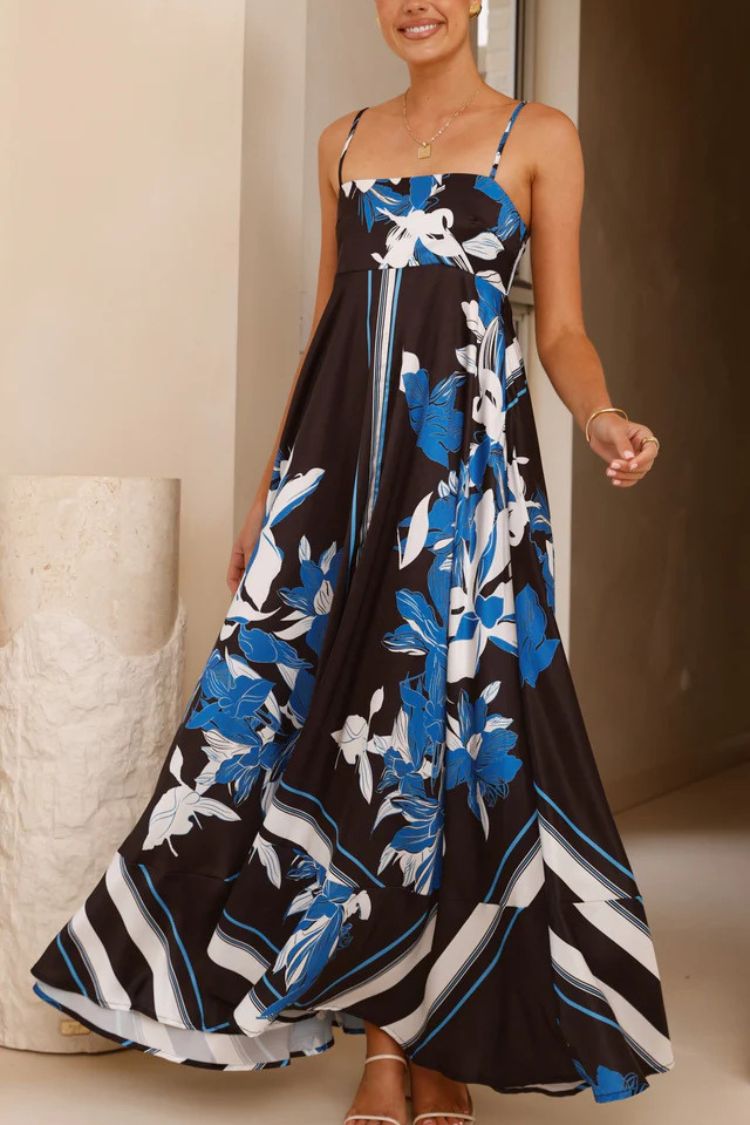 Botanical Print Square Neck Suspender Casual Full Hem Maxi Dress Blue