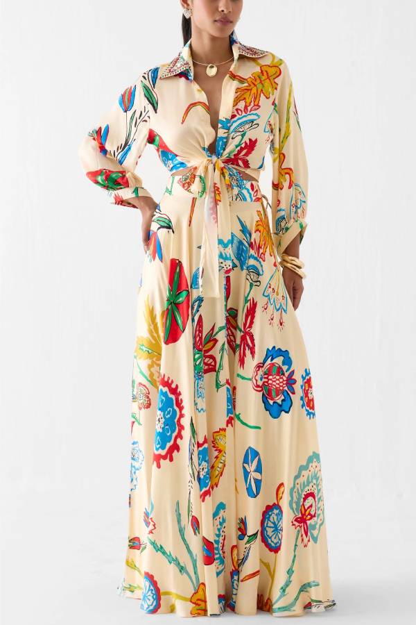 Vacation Tropical Floral Print Waist Tie Shirt & Maxi Skirt Boho Two Piece Set