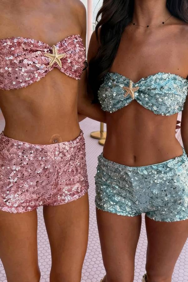 Stylish Sequined Starfish Embellished Top and Casual Slim-fit Shorts Set