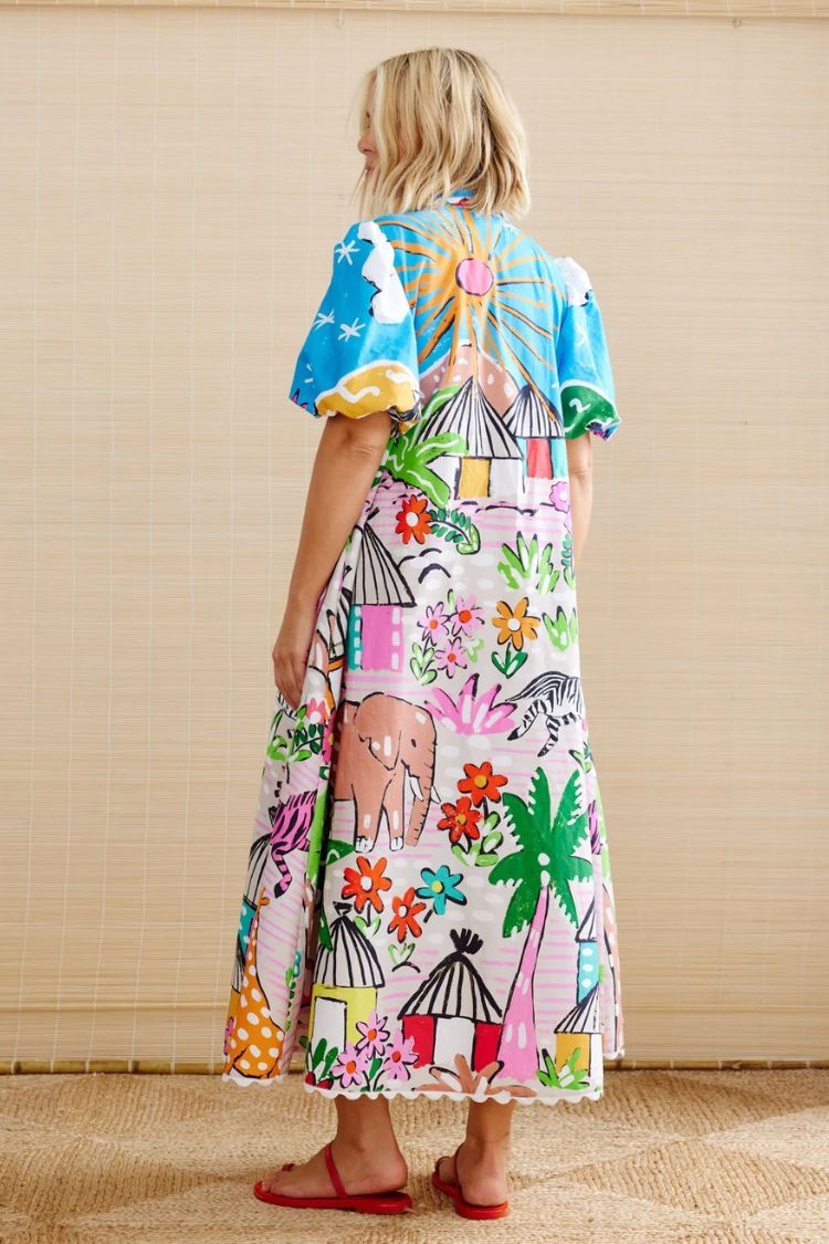 Daliah Unique Printed Wave Lace Puff Sleeves Loose Pocket Maxi Dress