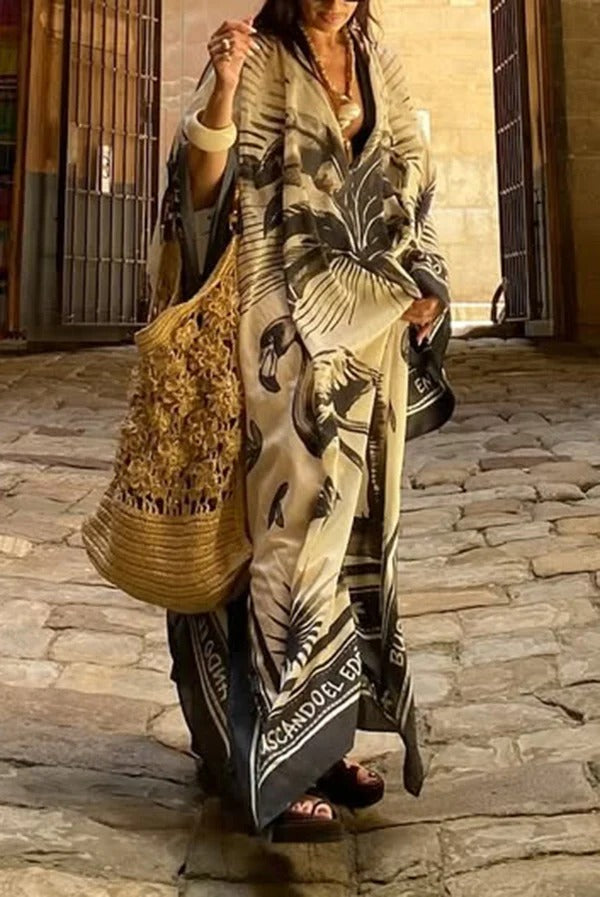 Flora Flamingo Print V-neck Loose Holiday Maxi Dress