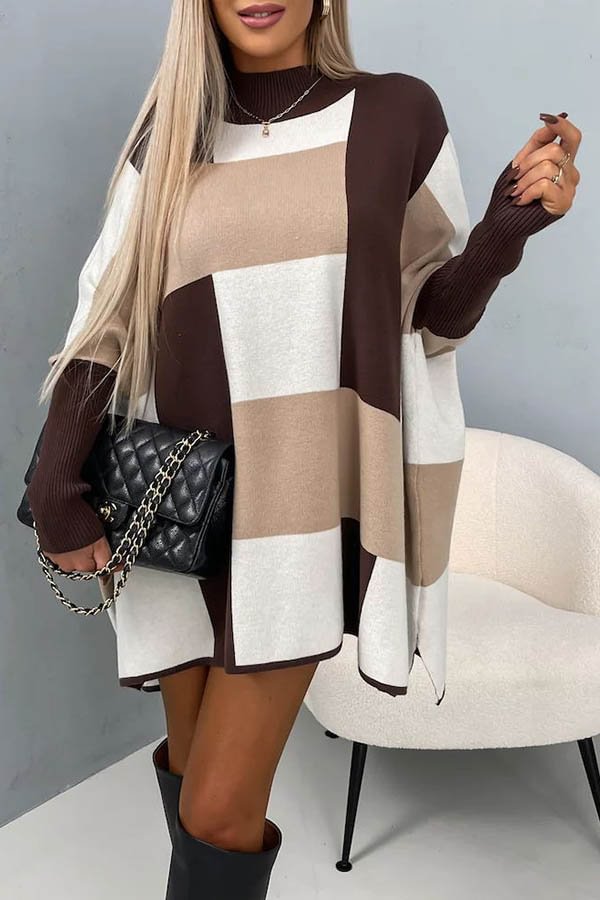 Hughes Color Block Plaid Mock Neck Cape Loose Sweater Brown