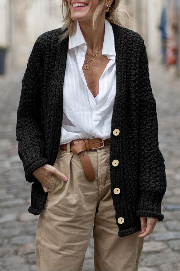 Button Front Chunky Knit Oversized Cardigan Black