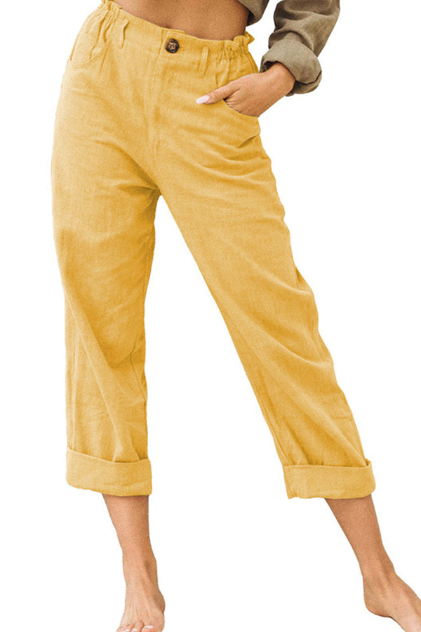 Solid color cotton and linen fashionable loose high waist casual pants Yellow