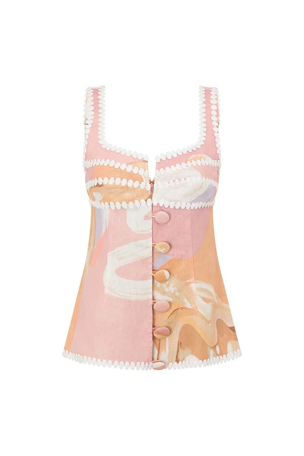 European Summer Linen Blend Ric Rac Trims Unique Print Button Tank