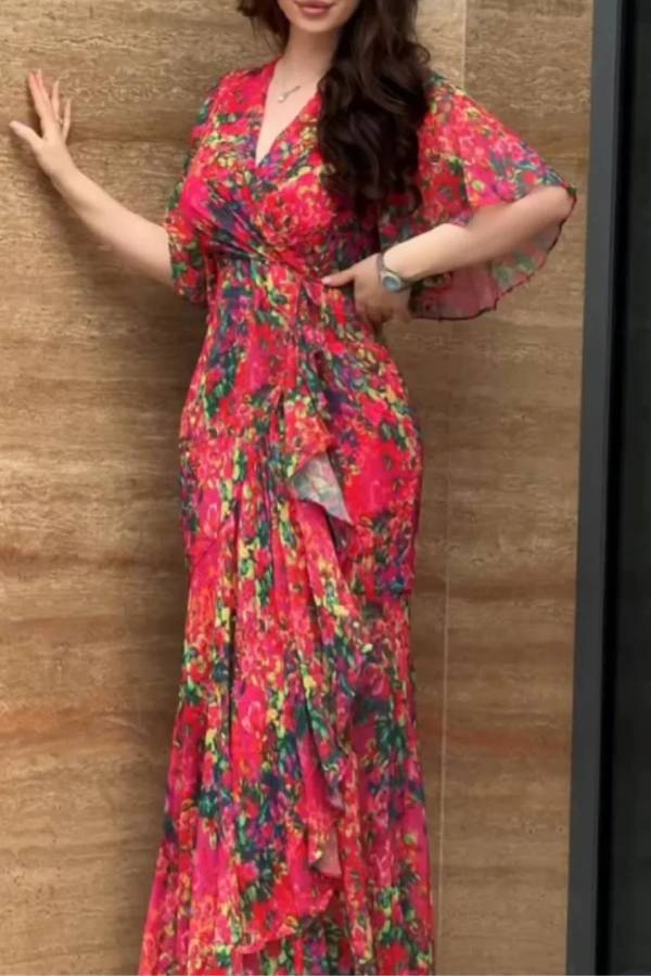 Bedrucktes Retro-Kleid mit V-Ausschnitt und Trompetenärmeln