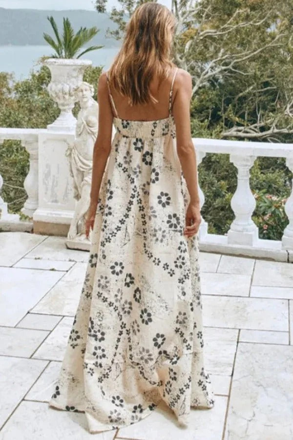 Linen Blend Floral Print Strappy Full-hem Backless Maxi Dress