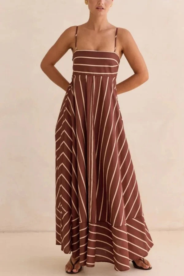 Striped Print Square Neck Spaghetti Strap High Waist Casual Maxi Dress