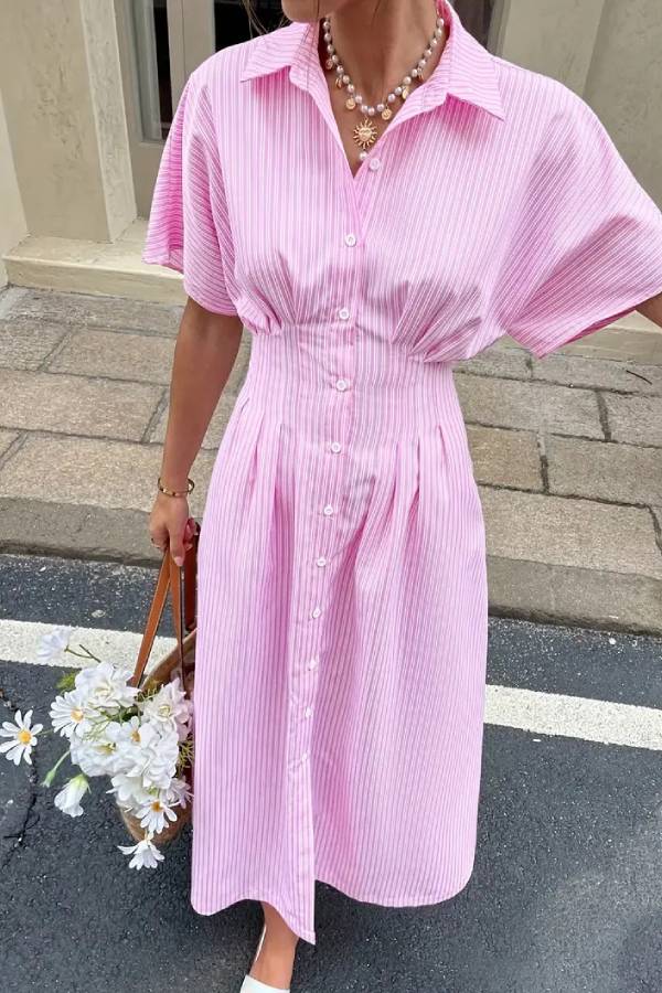 Striped Lapel Batwing Sleeve Waisted Shirt Midi Dress