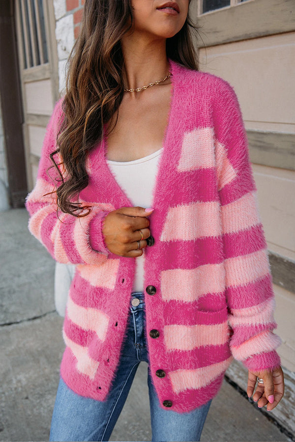 Strawberry Pink Colorblock Striped Buttoned Fuzzy Cardigan STRAWBERRY PINK