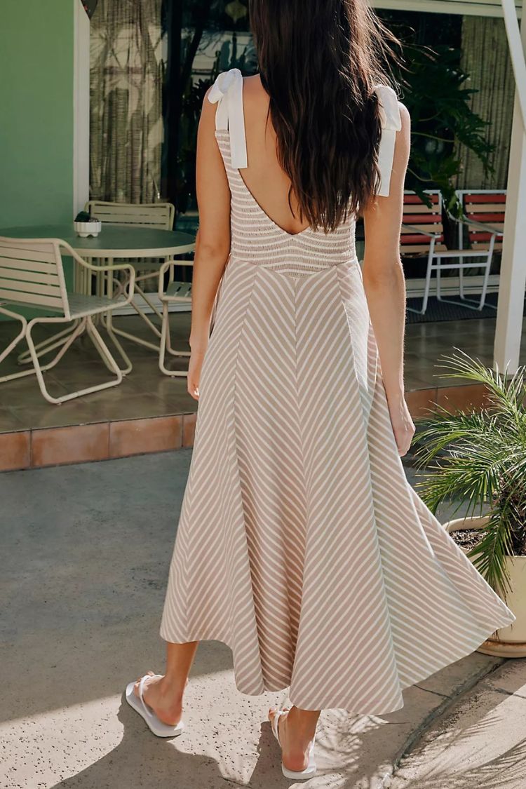 Linen Blend Solid Color V-neck Short Sleeve Waist Loose Slit Midi Dress