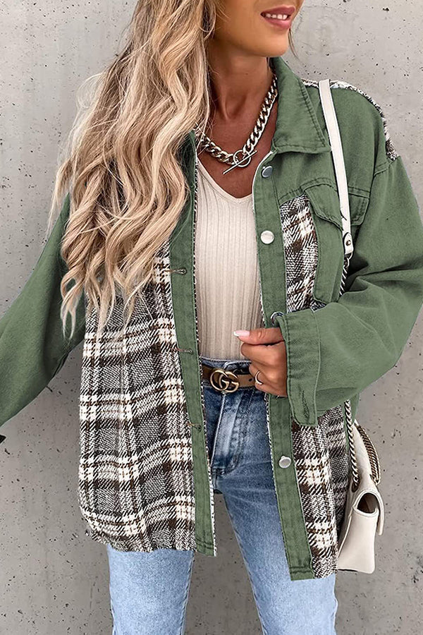 Denim Jacket Long Sleeve Check Button Down Shirt Jacket Top Green