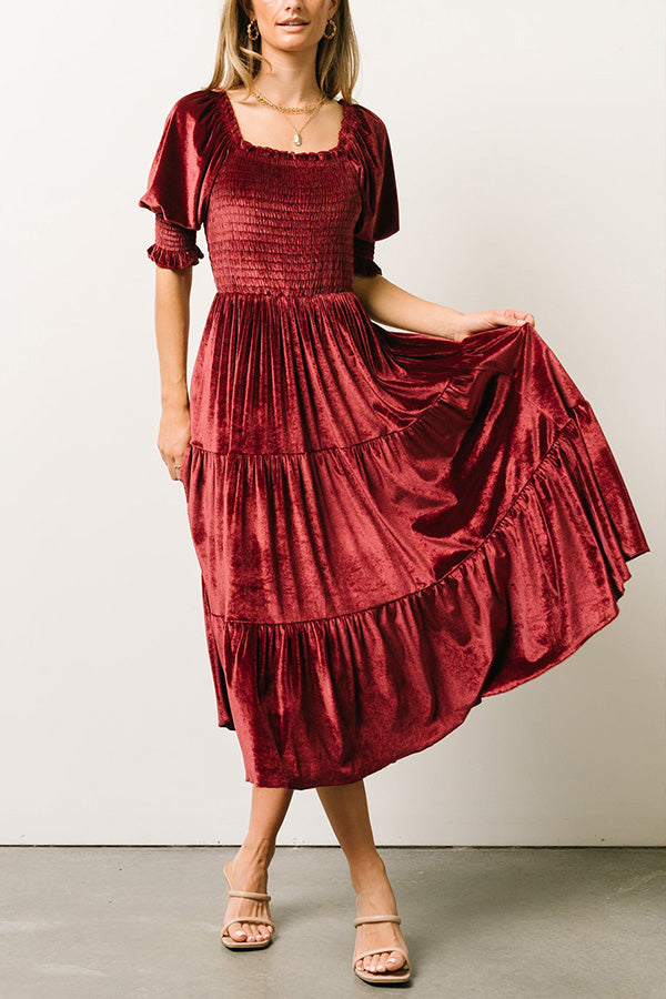 Gold velvet square neck ruffled high waist tight temperament commuter dress Red