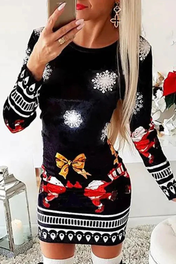 Christmas Mixed Print Long Sleeve Dress Black