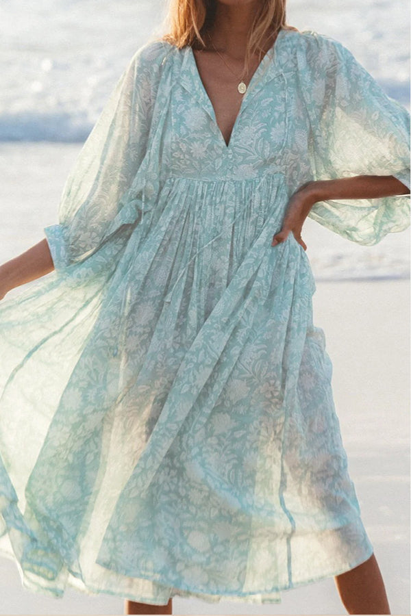 Lantern sleeve V-neck tie floral dress 1