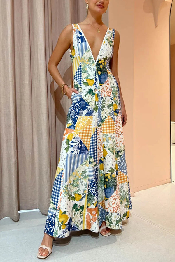 Eternal Italian Paradise Linen Blend Patchwork Print Pocketed Maxi Dress Blue