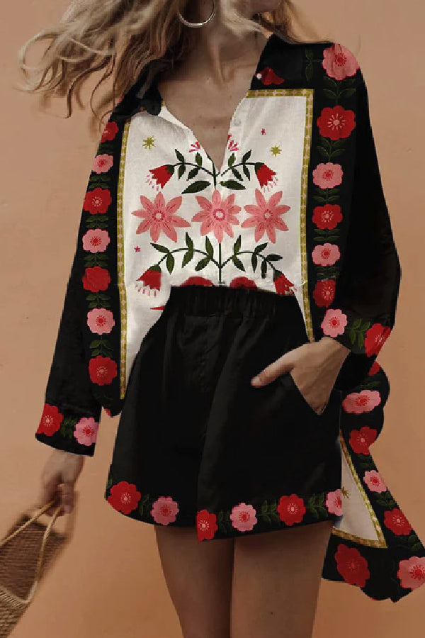 Digital Printing Fashion Women's Loose Printing Long Sleeve Shirt + Shorts Set CZ1729