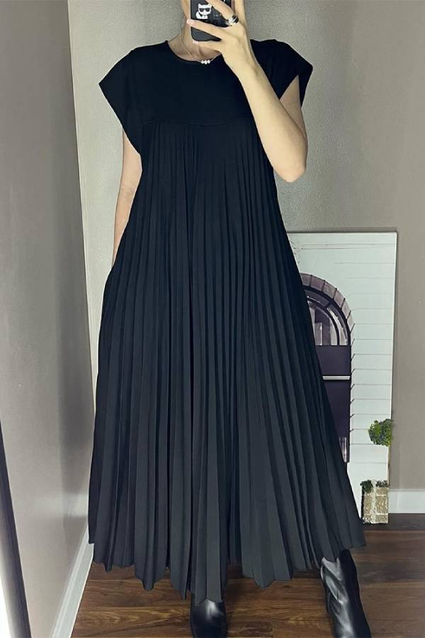 Women Pleated Simple Solid Color Dress Black