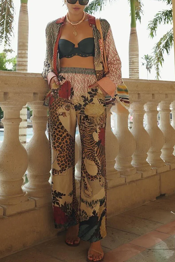 Tropical Jungle Tiger Unique Print Long Sleeve Loose Shirt and Elastic Waist Pants Set Brown