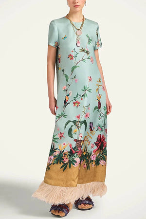Mezcal Satin Floral Print Contrast Color Printed Short Sleeve Pocket Feather Trim Maxi Dress