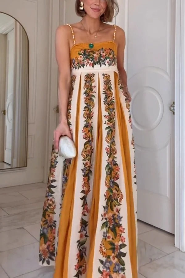 Bloom Bright Linen Blend Floral Print Beaded Shoulder Straps Pocket Maxi Dress