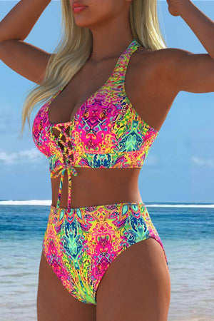 Trippy Print Halter Lace-Up High-Waisted Two-Piece Bikini Swimsuit