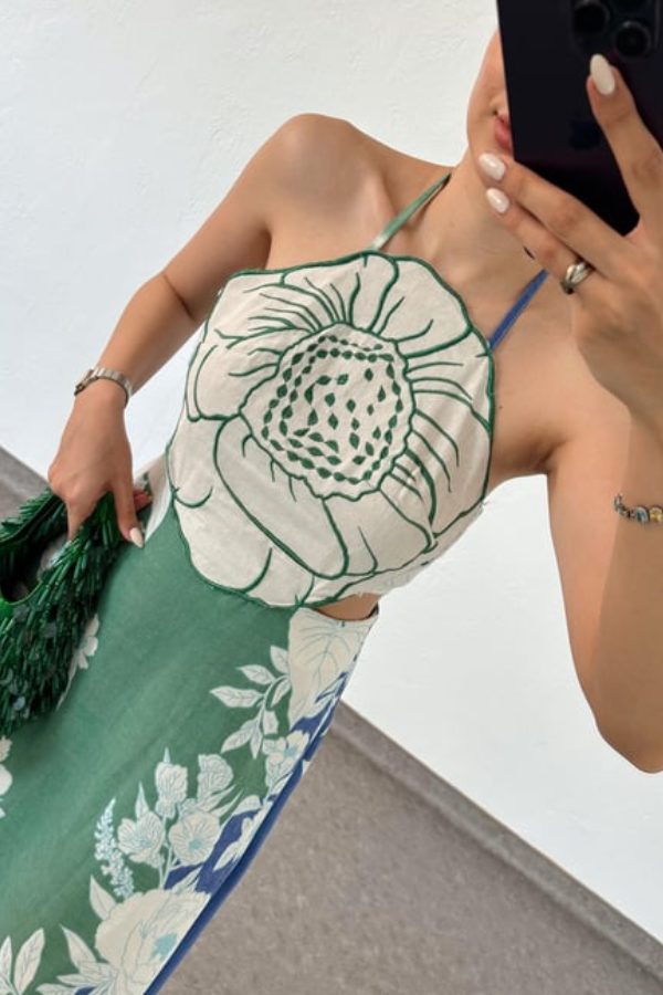 Linen Blend Flower Detail Back Lace-up Halter Midi Dress
