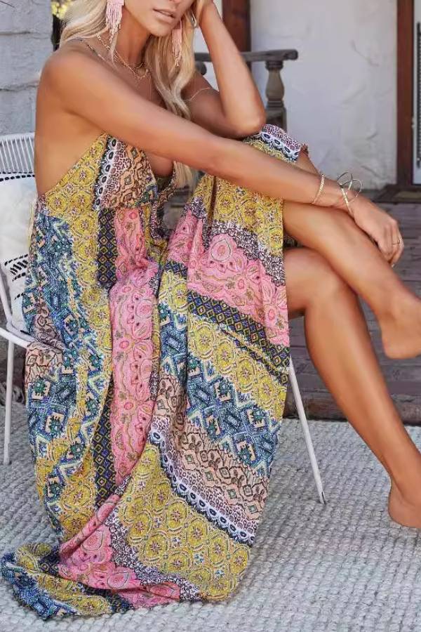 Colorful Printed Deep V-Neck Backless Strappy Maxi Dress