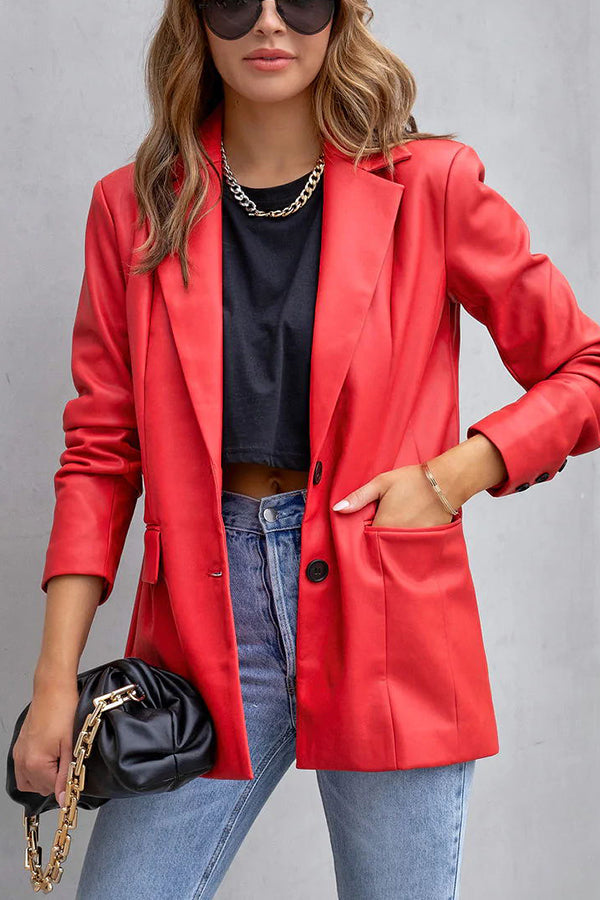 FASHION AFFAIRS POCKETED FAUX LEATHER BLAZER Red