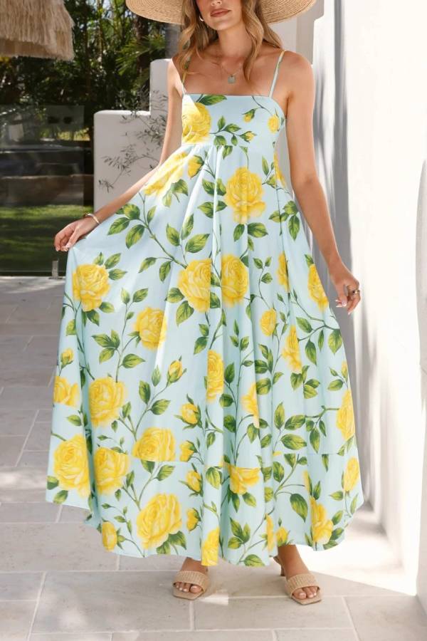 Light Blue Base with Yellow Rose Print Strappy Waisted Maxi Dress