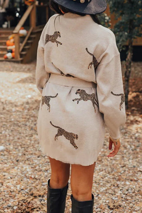 Fiercely in Love Leopard Print Mock Neck Removable Belt Sweatshirt Mini Dress