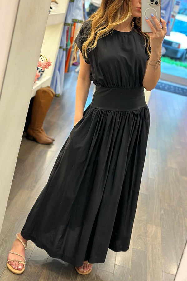 MAKE A LIST ELASTIC WAIST POCKETED RELAXED MIDI DRESS Black