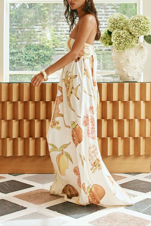 Island Time Linen Blend Unique Print Strapless Back Tie-up A-line Maxi Dress