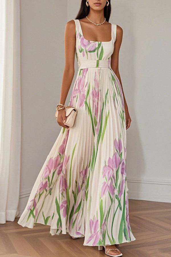 Weißes plissiertes Chiffon-Maxikleid mit Blumenmuster und quadratischem Ausschnitt, ärmellos, A-Linie