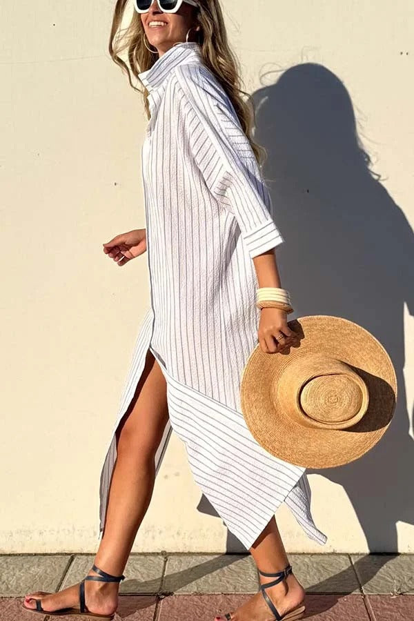 Robe chemise mi-longue boutonnée à rayures et manches mi-longues avec ceinture et poche