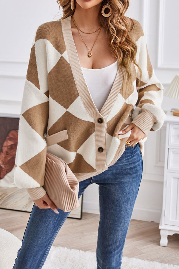 V-neck geometric patchwork contrasting knitted cardigan casual loose jacket Khaki
