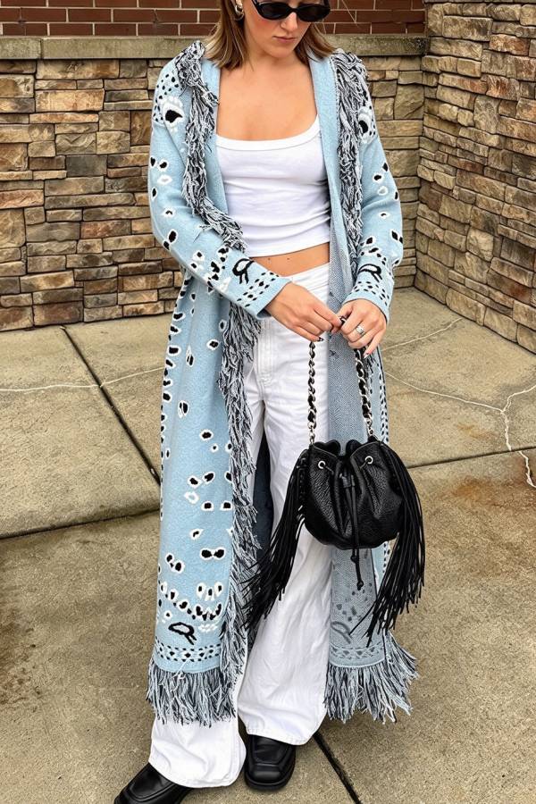 Lennie Bandana Knit Printed Fringe Shawl Collar Long Sleeve Belted Duster Cardigan