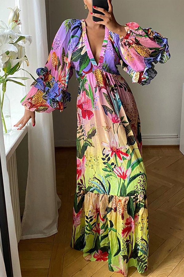 Jessy Tropical Print Tiered Ruffle Balloon Sleeve Vacation Maxi Dress Multicolor
