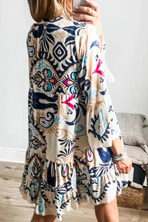 Bohemian Ethnic Print V‑Neck Ruffle Sleeve Mini Dress