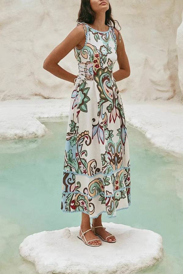 Paisley Print Lace-Up Waist Sleeveless Dress