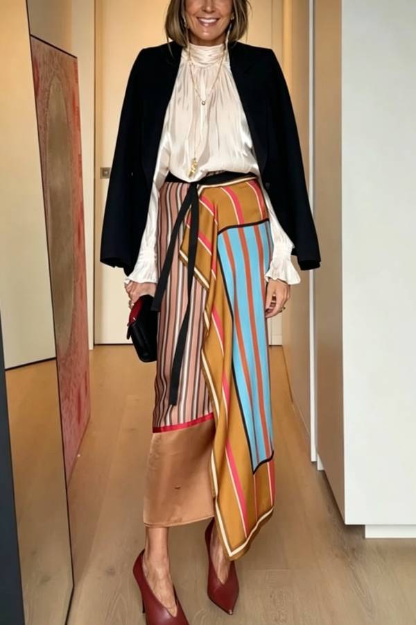 Fun Pairings Satin Colorblock Striped Print Wrap Tie-up Midi Skirt
