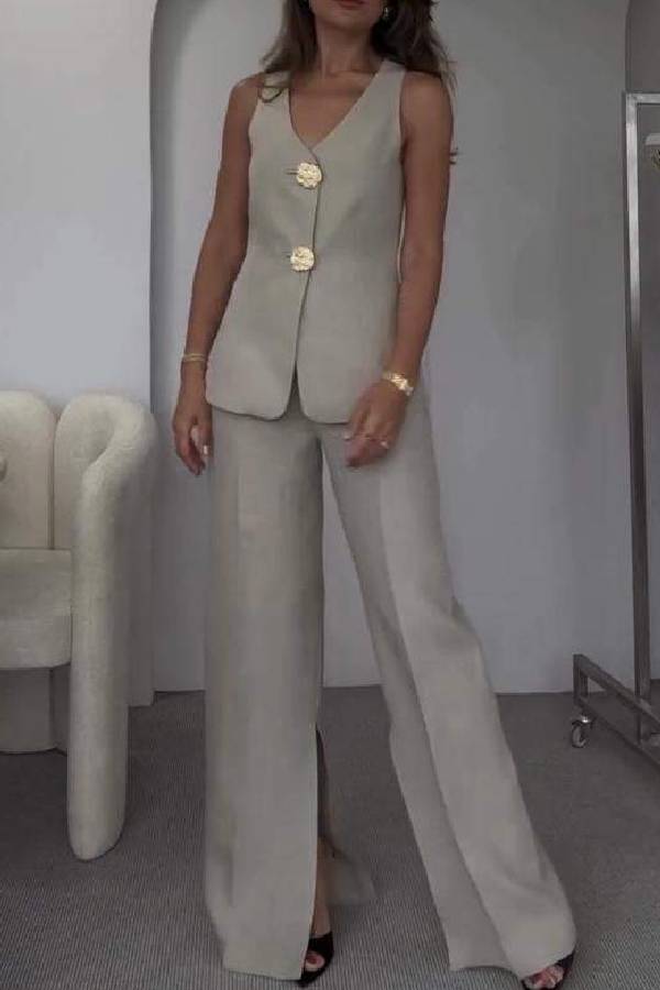 Solid Color Elegant Sleeveless Vest & Suit Pants Two-Piece Set Grey