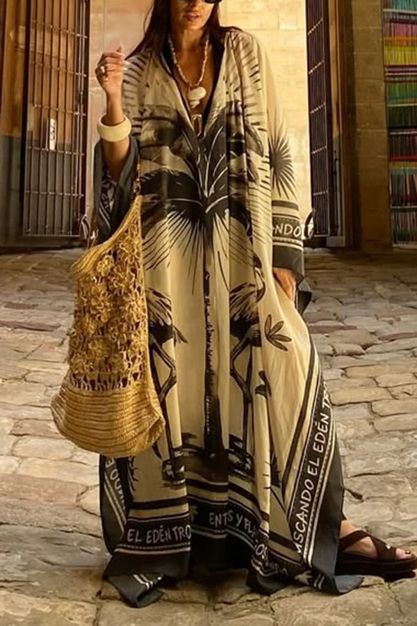 Flora Flamingo Print V-neck Loose Holiday Maxi Dress