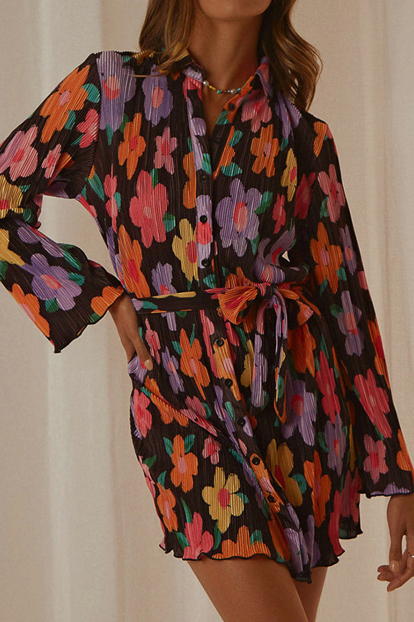 Floral print lace-up lapel cardigan long-sleeve dress Black